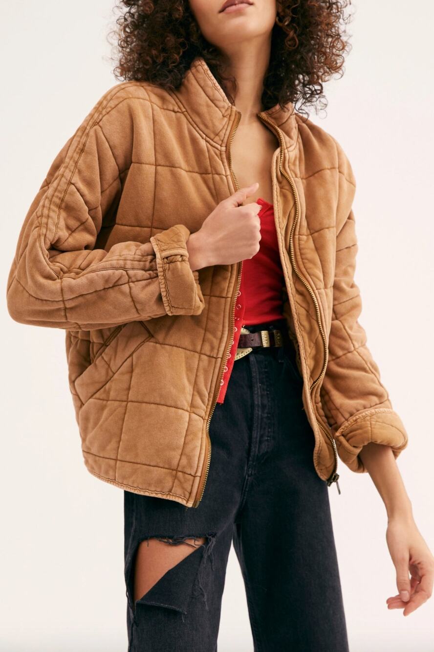 Free People Dolman Quilted Knit Jacket in Toasted Coconut Zip Front Sz XS